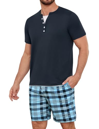 Jahetuul Mens Pyjamas Set Short Sleeve Cotton Henley Neck Button Top with Shorts Summer Loungewear Relaxed Loose Fit Plaid or Solid Bottoms Nightwear