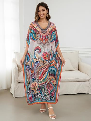 Image of IMAGEKOPE Women's Plus Size Loose Fit Moroccan Print V-Neck Batwing Kaftan Beach Dress Bathing Suit Cover Up