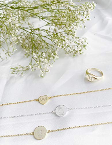 925 Sterling Silver Personalized Engraved Bar Necklace Bracelet Ring Pendant Nameplate Initial Custom Made Text Precious Sterling Silver Jewelry (Bracelet Circle Pendant Gold)3