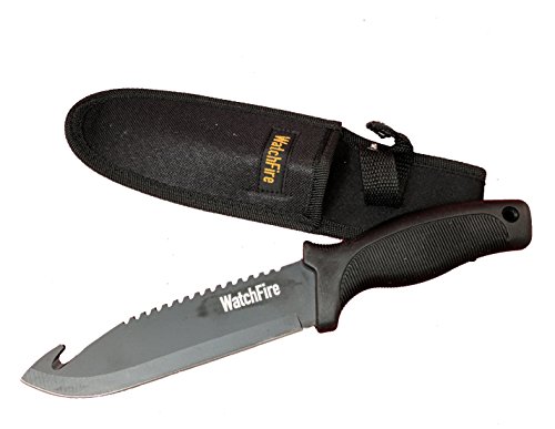 WatchFire 10" Hunting Fixed Blade Stainless Steel Knife Sawtooth Spine w/Sheath Guthook Black