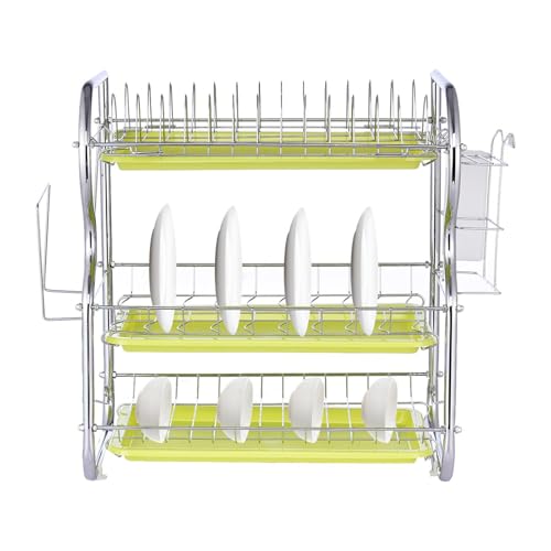 Scolapiatti - Grande a 3 livelli, supporto organizer da banco, vassoi di recupero 'acqua, accessorio porta coltello, soluzione di stoccaggio | scolapiatti a mano