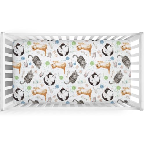 Image of Watercolor Cats Baby Crib Sheets 52''x28'' - Cute Paws Milk Snug Fitted Mattress Cover for Boy Girl - Soft Nursery Bed Sheets for Standard Crib and Toddler Mattresses - Cat Lovers Gift