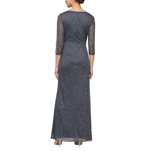 Image of S.L. Fashions Women's Long Length Ruched Waist Formal Evening Dress with Beaded Illusion Sleeves (Petite and Regular Sizes)