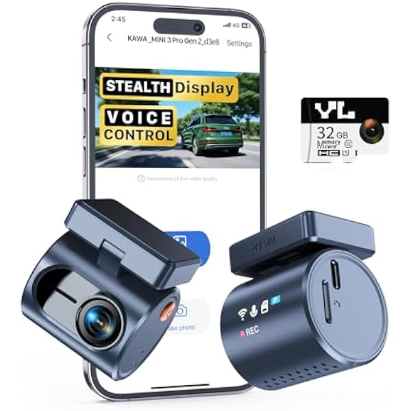 KAWA Dashcam Auto Vorne - z 32GB kartą SD, sterowanie głosowe, sterowanie aplikacją, 2K1296P QHD Dash Cam z WDR, super widzenie nocne, G-sensor, super kondensator, 135° FOV, niewyraźny ekran