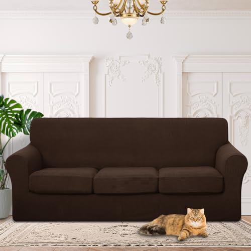 Luxshare Home 4 Pieces Stretch Couch Cover for Sofa, 3 Cushion, Chocolate
