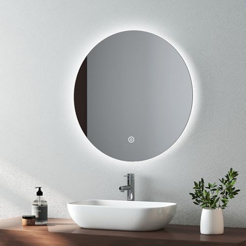EMKE Round Bathroom Mirror with Led Lights, 500mm Wall Mounted Vanity Mirror with Touch, Demister and Memory Dimmable, Illuminated Bathroom Mirror with Cool White Light