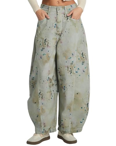 Women's Printed Baggy Barrel Jeans High Waisted Wide Leg Denim Pants