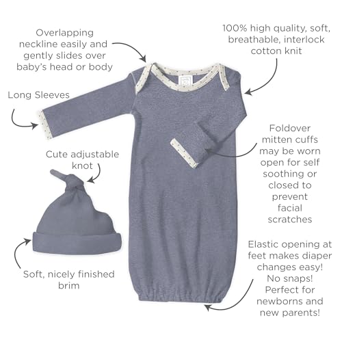 Image of SwaddleDesigns Softest Cotton Baby Pajama Gown with Foldover Mitten Cuffs for Infant Boy and Girl, Newborn, 0-3 Months