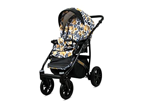 BABYLUX Miracle Kinderwagen 3 in 1 Tief Babywagen Kindersitz Autositz Rahmen aus Aluminium Multifunktionskinderwagen Funktionell Sicher 60 x 95 x 115 cm Schwarzer Rahmen Gold Leaf