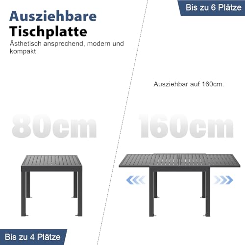 Devoko Mesa De Jardín Extensible,80 X 80 X 75 Cm,Mesa Exterior Extensible Aluminio,Muebles De Jardín para Balcones Y Terrazas, Se Extiende hasta 160 Cm, Gris Oscuro - imagen 5