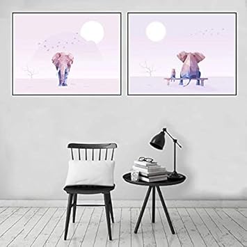 Amazon Co Jp Hd印刷ウォールアート画像幾何学象キリン動物イラストキャンバスポスター保育室壁の装飾2個 40x60cmフレームなし ホーム キッチン