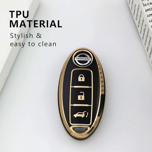Image of TPU Car Key Cover Black & Golden Compatible for Nissan Micra, Magnite, Sunny, Teana Renault Pulse, Scala (Renault & Nissan, 2 /3 Button Push Smart Key)