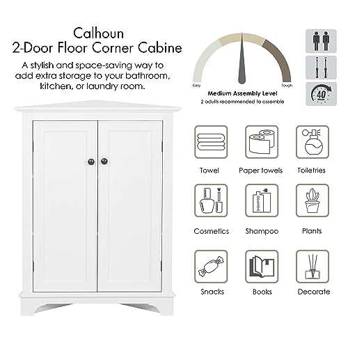 Spirich Floor Corner Cabinet with Doors and Shelves, Freestanding Bathroom Corner Storage Cabinet for Bathroom, Living Room, White - Thumbnail 6