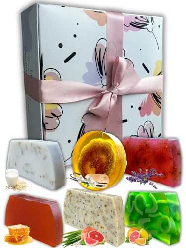 Lu.Flo Set de regalo 5 jabones de glicerina hechos a mano, 500 g, veganos y respetuosos con la piel, diferentes fragancias (vainilla con luffa, miel, lavanda, leche de cabra con avena, cítricos)