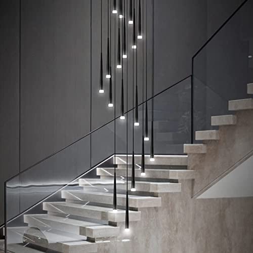 Lampadario a LED Moderno per Scale con Doppia Lampada a Sospensione Girevole e Altezza Regolabile, Ideale per arredare Soggiorno e Sala da Pranzo (Luce Nera Calda)