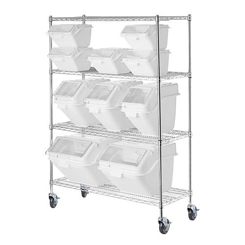 Zedfire Ingredient Bin Shelving Kit 18" x 48" – Mobile Dry Storage Rack with 10 Clip-in Ingredient Bins, 4 Chrome Wire Shelves, FIFO Ingredient Storage Station with Locking Casters, Scoops and Labels