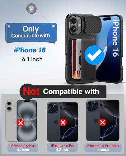 BXYJY for iPhone 16 Case Wallet, Built-in Card Holder (4-5 Cards), Camera Cover Stand, Military Grade Drop Protection, Rugged Heavy Duty Silicone Men Women Protective Phone Case for iPhone 16, Black
