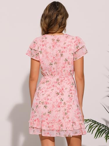 Image of Allegra K Women's Ruffle Sleeve Self-Tie V Neck Flowy Ruffled A-Line Floral Chiffon Dress