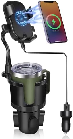 Upgraded 3 in 1 Car Wireless Charger Cup Holder with 15W Fast Charging, Car Cup Holder Phone Holder Mount with Adjustable Base & 360° Rotation, Compatible for All Smartphones