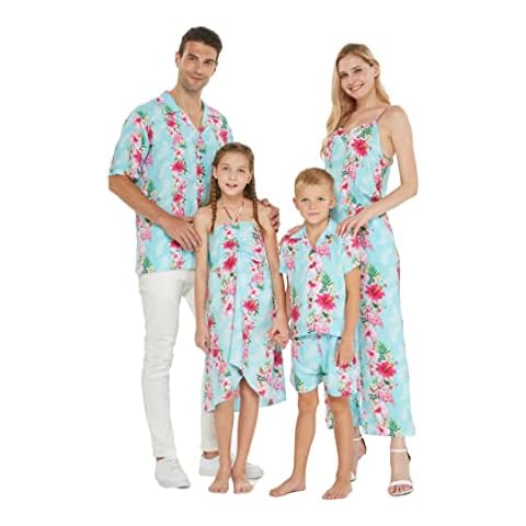 Matchable Family Hawaiian Luau Shirts, Pink Hibiscus Vine Turquoise, Men, X-Large Cover