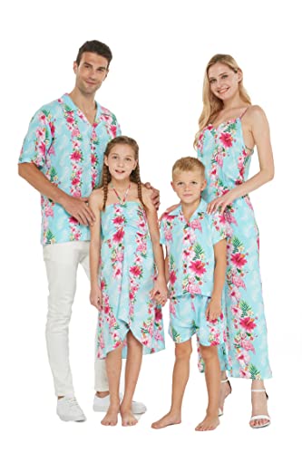Image of Hawaii Hangover Family Matching Clothes, Pink Hibiscus Vine Turquoise | Family matching Hawaiian outfits, Pink Hibiscus Vine Turquoise, lightweight rayon, machine washable, tropical floral print