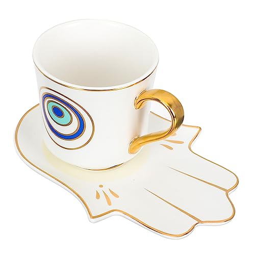 Luxshiny Evil Eye Coffee Cups Set: Turkish Blue Eye Espresso Cup Water Milk Mug Amulet Protection Tea Cup with Hamsa Hand Saucer Plate for Drinks Latte Lucky Decor White