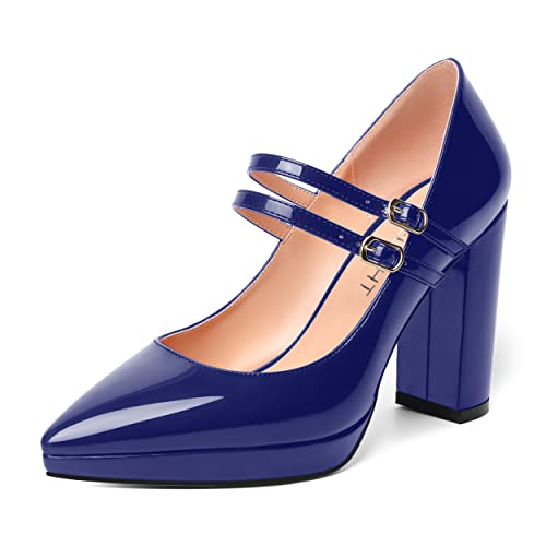 AMBELIGHT Womens Dating Platform Patent Pointed Toe Adjustable Strap Buckle Fashion Dress Chunky High Heel Pumps Shoes 4 Inch