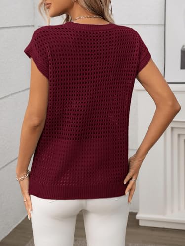 Image of Womens Crochet Cap Sleeve Sweater Summer Crew Neck Casual Hollow Out Knit Tops Pullover Trendy Beach Cover Ups Outfits