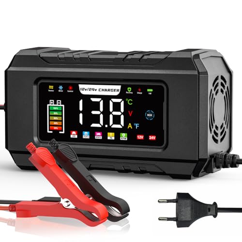 Caricabatteria per auto, 12 V e 24 V Smart Fully Automatic Batteria Charger con compensazione di temperatura per auto Truck Motorcycle Marine