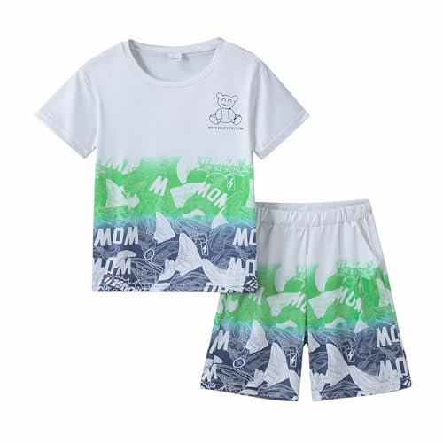 Image of Ayzozuy Boy Clothes Colorblock Top + Drawstring Waist Shorts 2 Pieces Kid Summer Outfits Set