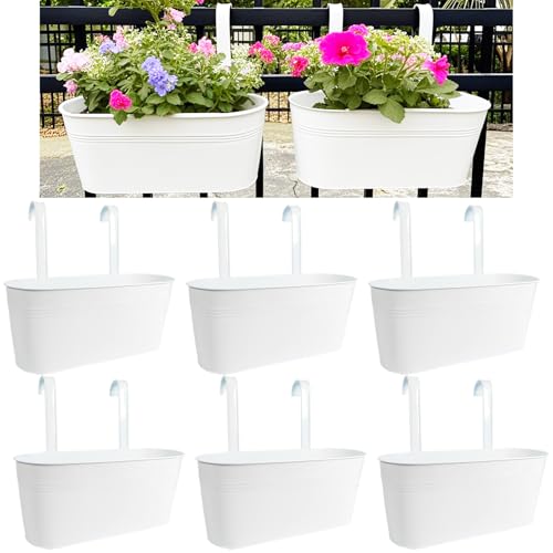 Joyfernal Hanging Planters for Outdoor Plants, 17" Railing Planter Pots, Metal Fence Flower Pot for Porch Balcony with Detachable Hook (White, Pack of 6) by Joyfernal - Used condition - US$36.84