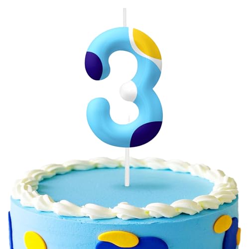 Blue Birthday Candles, Number 3 Candle Cake Topper, Birthday Party Cake Decorations, Cartoon Themed for Boys Girls Party Supplies