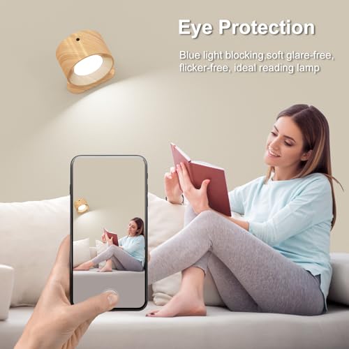 Image of Koopala 3PACK Rechargeable LED Wall Sconce, Cordless Battery with Remote Powered Wall Sconce, 3 Brightness Levels, 360 Swivel Magnetic Shade for Reading Bedside, Wood Grain Color.