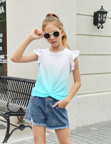 Image of Arshiner Girls Shirt - Short-Sleeve Twist Front T-Shirt for Girls with Cute Flying Sleeves - Summer Blouse Tunic Tee Tops
