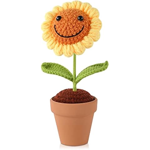 Artificial Sunflower Decoration, Handmade Crochet Smiley Sunflowers for Home Office Desk Ornaments. Cute Knitting Crochet Decor Gift for Women Birthday Party Christmas Cover