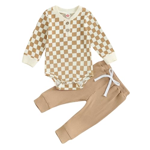Image of Newborn Baby Boy Girl Clothes Ribbed Knitted Long Sleeve Romper Pants Solid Cotton Infant Fall Winter Outfits 2Pcs