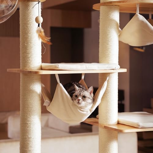 Image of Wood Cat Tree for Indoor Cats, Modern Cat Tower, Unique Cat Condo with House, Tall Luxury Furniture with Heavy Duty Wide Base, Kraft Paper Rope Scratching Post, Removable Cushion (96.5-118.1 inch)