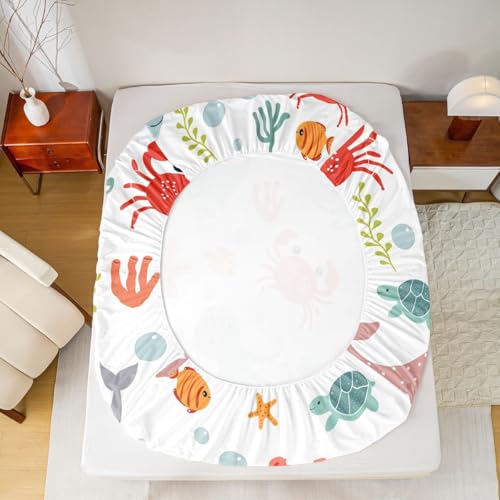 Image of jejeloiu Dolphin Bed Sheets Sets Queen Size Kids Boys Girls Jellyfish Crab Starfish Bedding Set Ocean Bed Sheet Set with 16-Inch Deep Pockets 4Pcs with 2 Pillow Cases