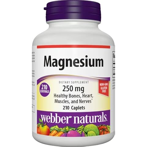 Webber Naturals Magnesium 250 mg, 210 Caplets, Helps Support Muscle, Bone, Nerve and Heart Health, Non-GMO, Gluten & Diary Free, Vegan Cover
