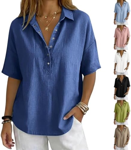 Linen Tops for Women 2026 Summer Cotton Gauze Shirts Button Down V Neck Half Sleeve Blouses Loose Fit Tunic Clothes Blue