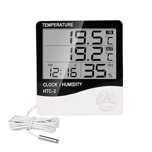 Image of SMIC Pvc Htc-2 Lcd Digital Thermometer Hygrometer Weather Station Temperature Humidity Meter Clock Room Wall Indoor Outdoor Sensor Probe, Pack of 1