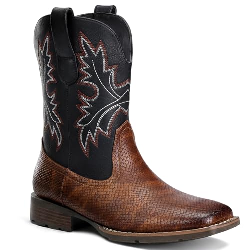 Image of Lumeheel Cowboy Boots for Men - Western Men's Boots with Classic Embroidered, Slip on Square Toe Boots, Slip Resistant Country Boots Chunky Heel Ankle, Durable Short Boots for Spring Fall