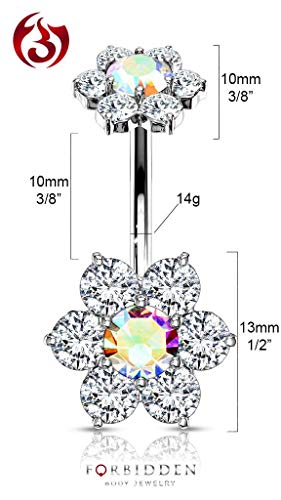 Forbidden Body Jewelry Surgical Steel Belly Ring With Cz Flower Design & Internally Threaded Matching Top, Clr/Aurora Borealis #TOP1