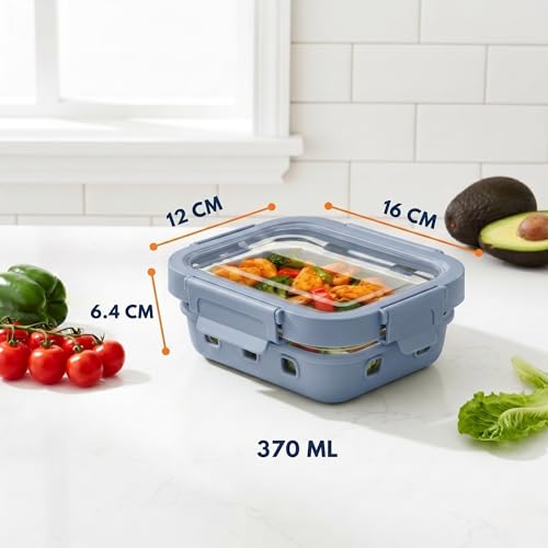 Image of Griplok Glass Lunch Box with Leakproof Lid, Borosilicate Food Storage Container with Silicone Sleeve, Airtight, Microwave /Dishwasher Safe (Glacier Blue, 2x370ml)