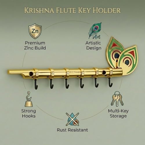 Image of Big Brass Antique Krishna Flute for Key Holder /Key Stand /Keys Hanger Hook /Key Holders for Wall Stylish /Keys Rack Hook /Key Hanging Hooks - Home Decor, Wall Mount - 6 Hooks (Gold)