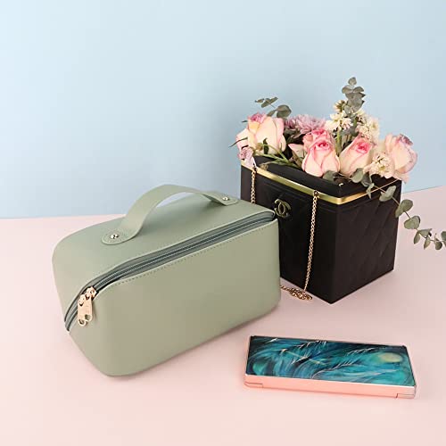Hoyofo Pu Makeup Bag Large Capacity Women Cosmetic Bag With Handle And Dividers Travel Makeup Accessories Organizer, Matcha Green #TOP4