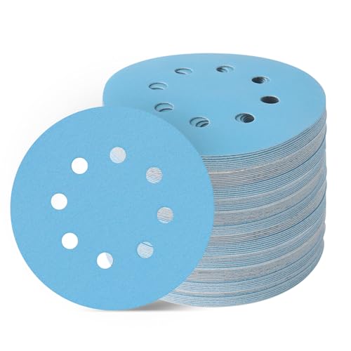 8 Loch Blaue Schleifpapier 125mm Klett 120 Körnung Schleifscheiben 50 Stück Keramik Schleifscheibe Staubfreies und Langlebiges Exzenterschleifpapier für Holz Metall und Farbe