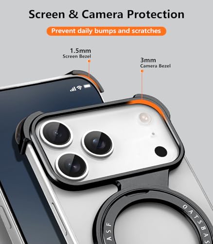 OGRANEE Z Metal Case for iPhone 17 Pro Frameless, Aluminum Alloy Bumper Compatible with Magsafe Kickstand Minimalist Shockproof Cool Cover Hard Shell with 360°Ring Holder Magnetic Stand, Black — view 6