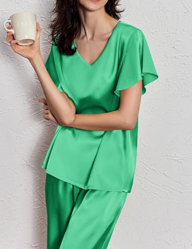 Image of Ekouaer Women's Satin Silky Pajama Set 2 Piece Short Sleeve Shirt with Long Pants Pjs Sets Soft PJ Loungewear S-XXL