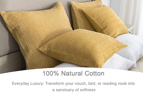 Image of 18x18 Throw Pillow Covers Set of 2 Boho Decorative Pillow Shams Stone Washed Cotton Pillowcase Waffle Square for Couch Sofa Chair Bed Car, Yellow